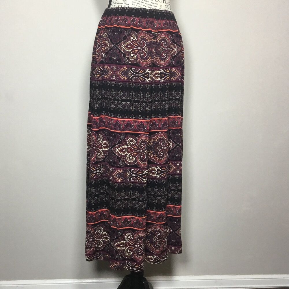 Floaty flowy maxi hippie skirt Fleur de Lis purple black elastic waist 27"-32" S
